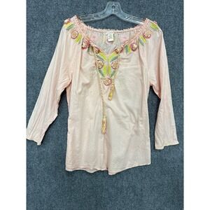 Sundance Pink Cotton Embroidered Peasant Blouse Boho Floral Tassel Top Medium